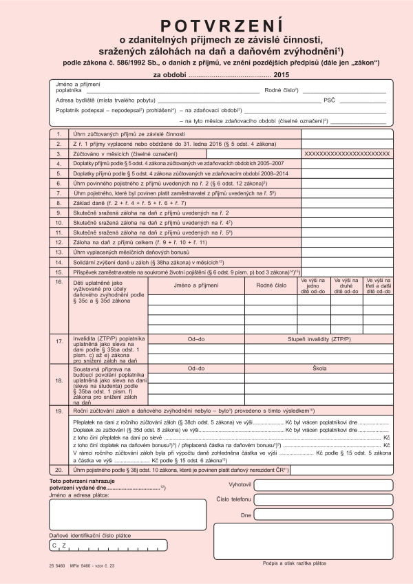 Potvrzení o zdanitelných příjmech ze ZČ vz. 23