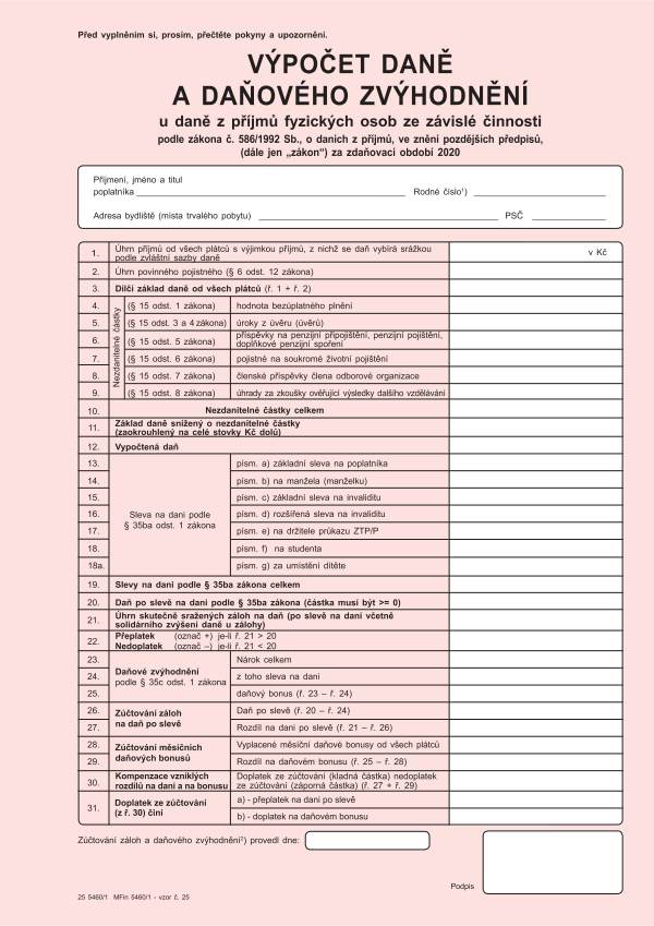 Výpočet daně a daňového zvýhodnění u daně z příjmů FO ze závislé činnosti vz. 25