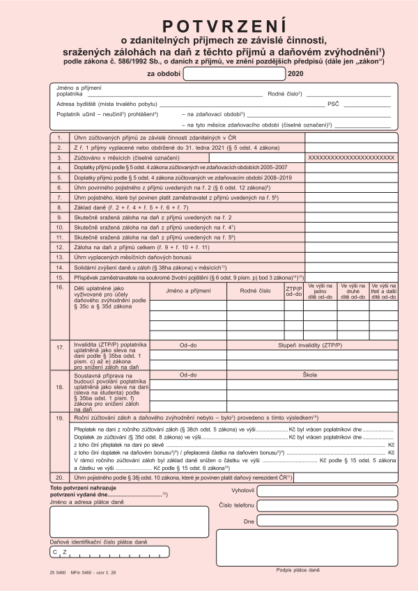 Potvrzení o zdanitelných příjmech ze ZČ vz. 28