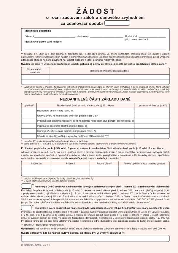 Žádost o roční zúčtování záloh a daňového zvýhodnění za zdaňovací období vz. 3