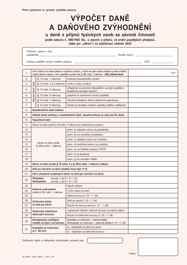Výpočet daně a daňového zvýhodnění u daně z příjmů FO ze závislé činnosti vz. 28