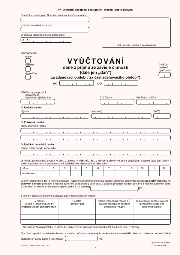 Vyúčtování daně z příjmů fyzických osob ze ZČ vz. 25