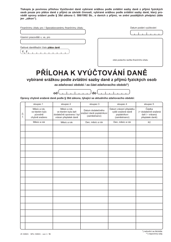 Příloha k vyúčtování daně vybíraných srážkou podle zvláštní sazby vz. 15