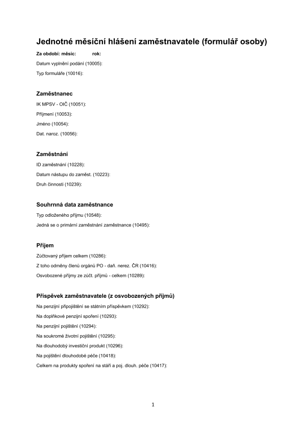 Jednotné měsíční hlášení (JMHZ) - formulář osoby