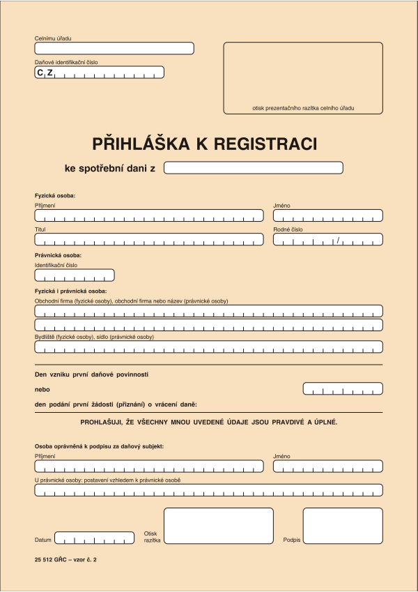 Přihláška k registraci ke spotřební dani vz. 2