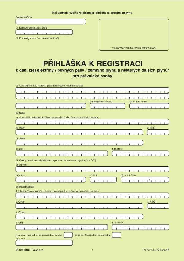 Přihláška k registraci k dani z(e) elektřiny/pevných paliv/zemního plynu a některých dalších plynů pro PO vz. 2