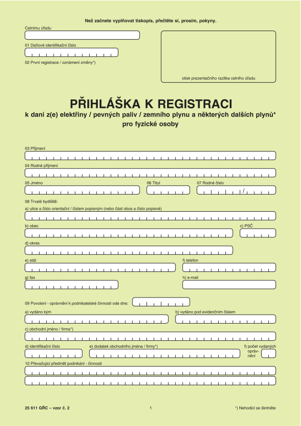 Přihláška k registraci k dani z(e) elektřiny/pevných paliv/zemního plynu a některých dalších plynů pro FO vz. 2