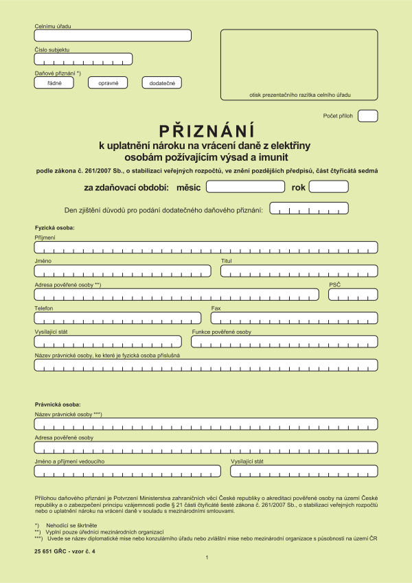 Přiznání k uplatnění nároku na vrácení daně z elektřiny osobám požívajícím výsad a imunit vz. 4