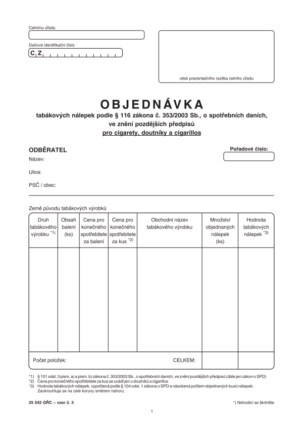 Objednávka tabákových nálepek pro cigarety, doutníky a cigarillos vz. 3