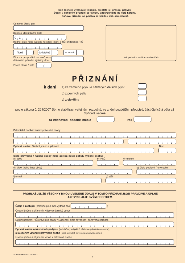 Přiznání k dani z elektřiny/pevných paliv/zemního plynu a některých dalších plynů vz. 2