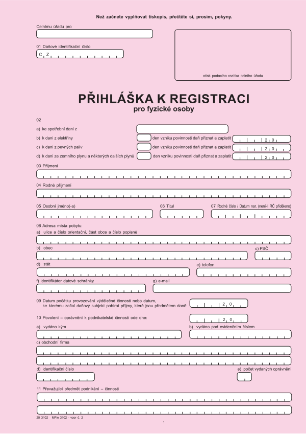 Přihláška k registraci ke spotřební dani FO vz. 2