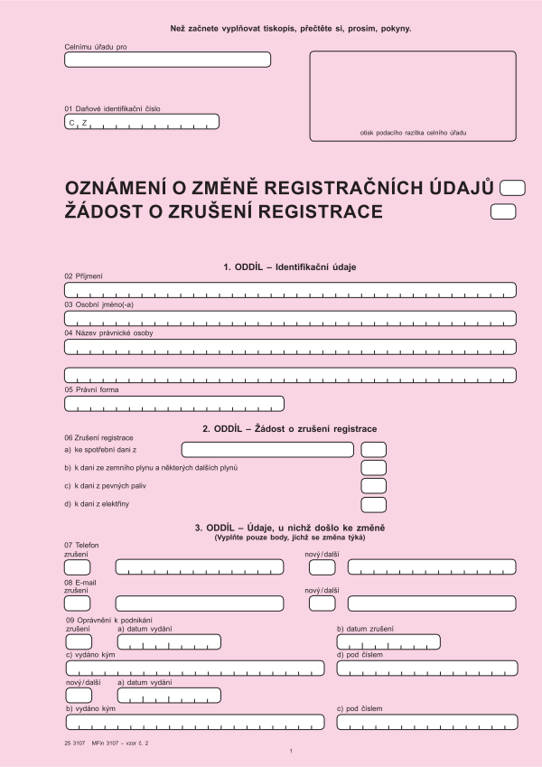 Oznámení o změně registračních údajů/žádost o zrušení registrace ke spotřební dani vz. 2