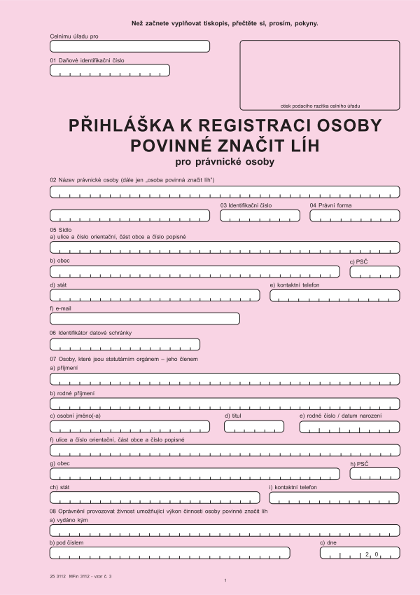 Přihláška k registraci osoby povinné značit líh pro PO