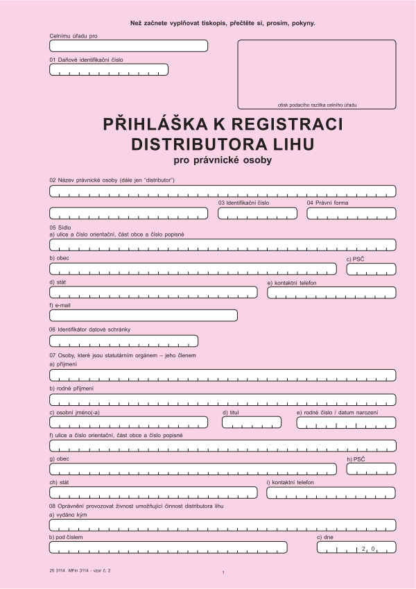 Přihláška k registraci distributora lihu pro PO