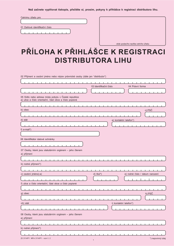 Příloha k přihlášce k registraci distributora lihu