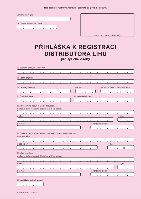 Přihláška k registraci distributora lihu pro FO