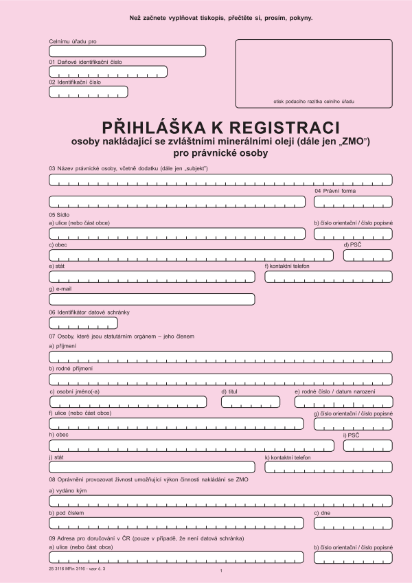 Přihláška k registraci osoby nakládající se zvláštními minerálními oleji pro PO vz.3