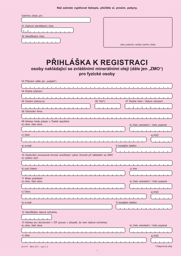 Přihláška k registraci osoby nakládající se zvláštními minerálními oleji pro FO vz. 3