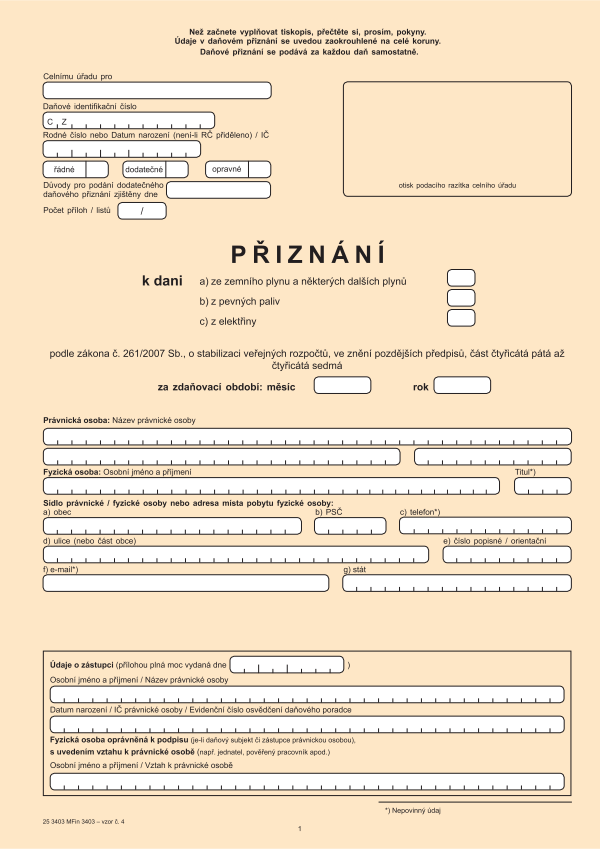 Přiznání k dani z elektřiny/pevných paliv/zemního plynu a některých dalších plynů vz. 4