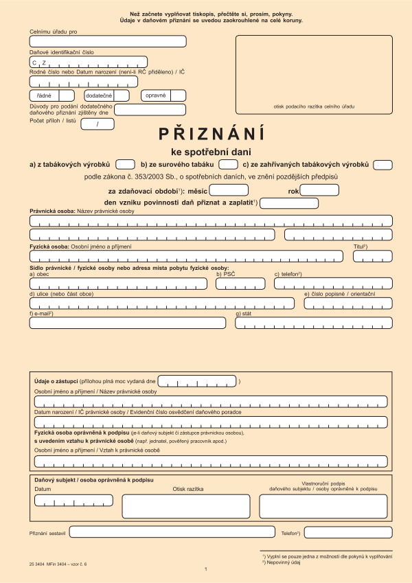 Přiznání ke spotřební dani z tabákových výrobků vz. 6