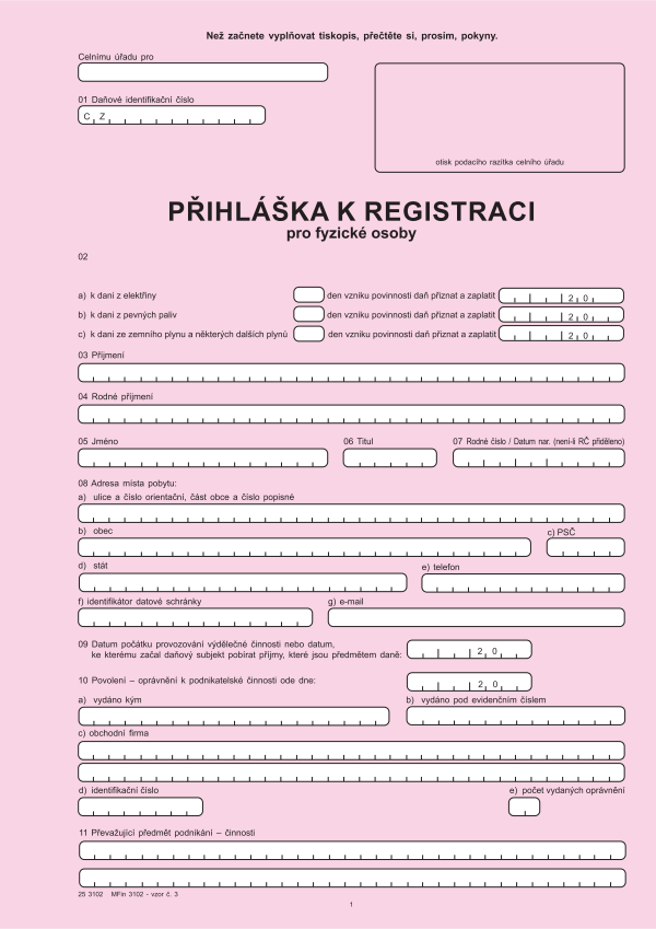 Přihláška k registraci ke spotřební dani FO vz. 3