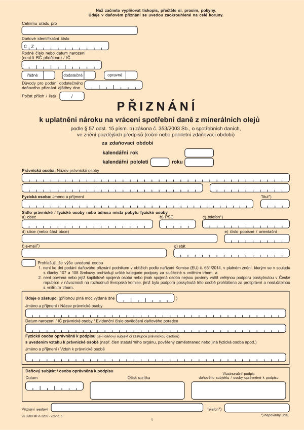 Přiznání k uplatnění nároku na vrácení spotřební daně dle § 57 odst. 15 písm. b) (roční / pololetní) vz. 5