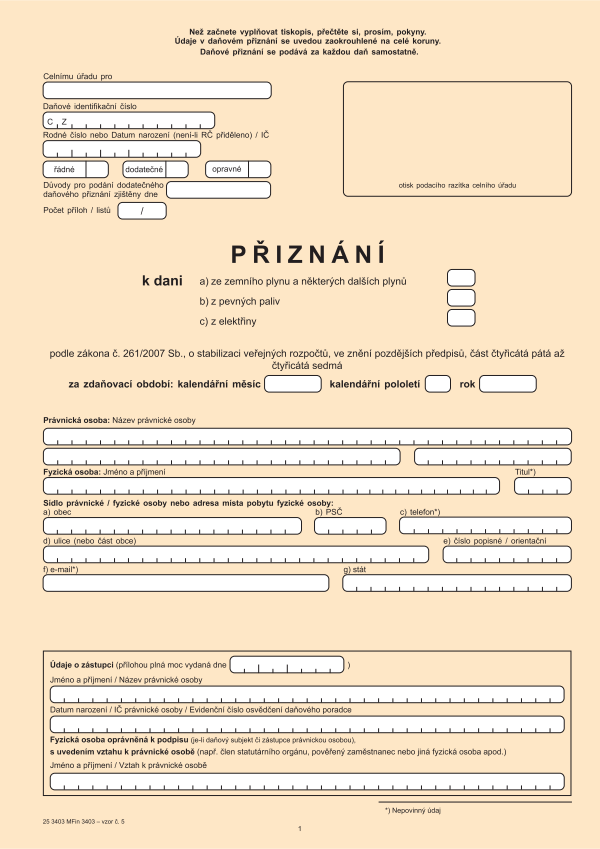 Přiznání k dani z elektřiny/pevných paliv/zemního plynu a některých dalších plynů vz. 5