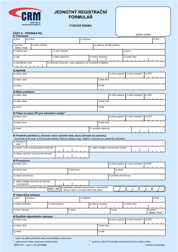 Jednotný registrační formulář pro FO