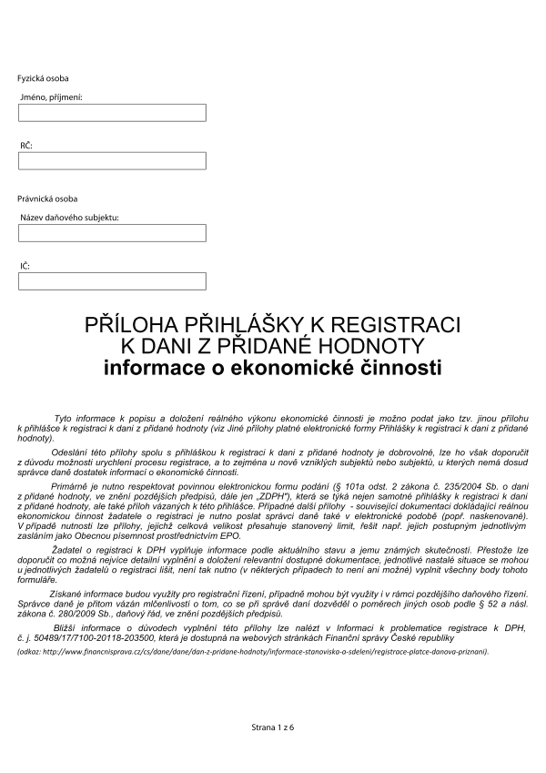 Příloha přihlášky k registraci k DPH - informace o ekonomické činnosti