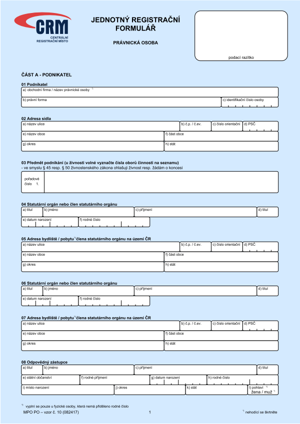 Jednotný registrační formulář pro PO