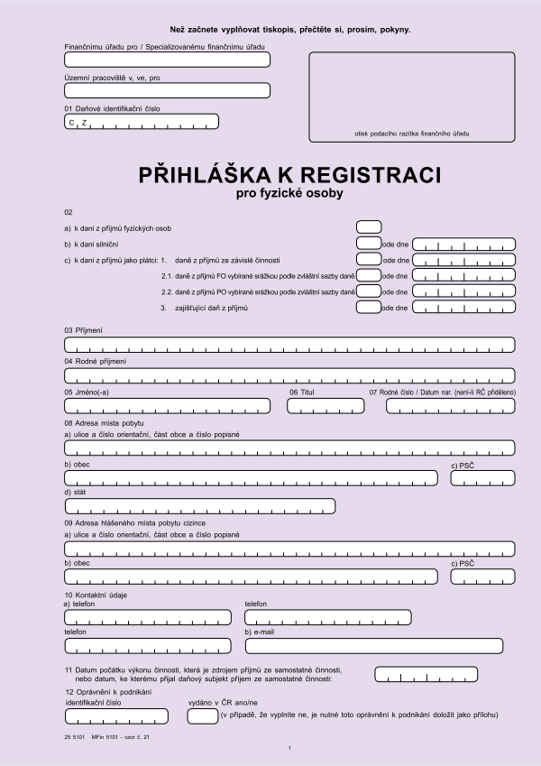 Přihláška k registraci pro FO vz. 21