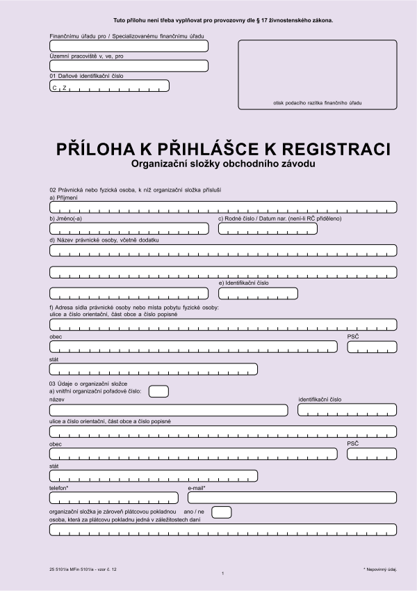 Příloha k přihlášce k registraci - organizační složky obchodního závodu vz. 12