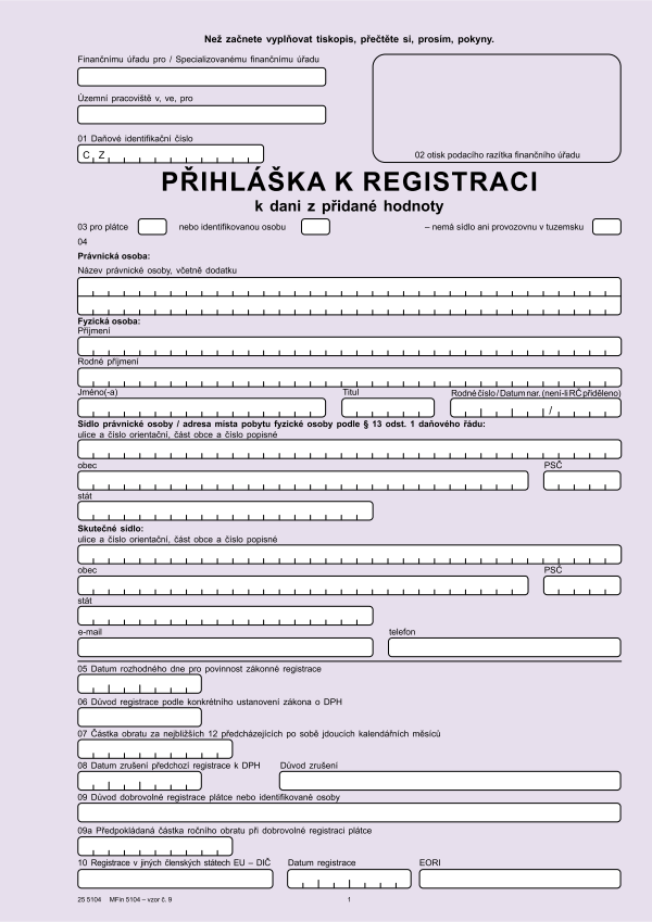 Přihláška k registraci k DPH vz. 9
