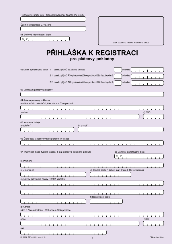 Přihláška k registraci pro plátcovy pokladny vz.13