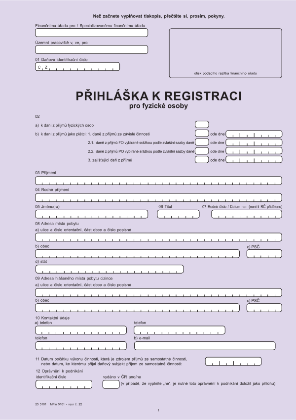 Přihláška k registraci pro FO vz. 22