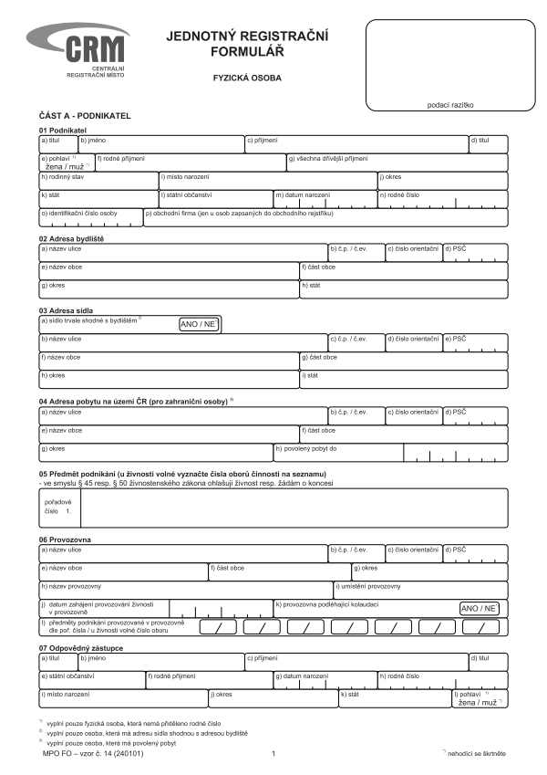 Jednotný registrační formulář pro FO
