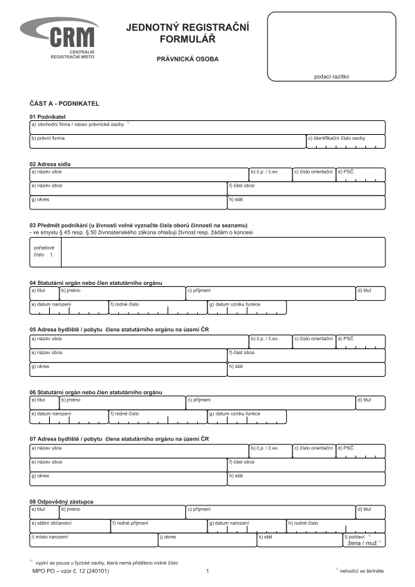 Jednotný registrační formulář pro PO