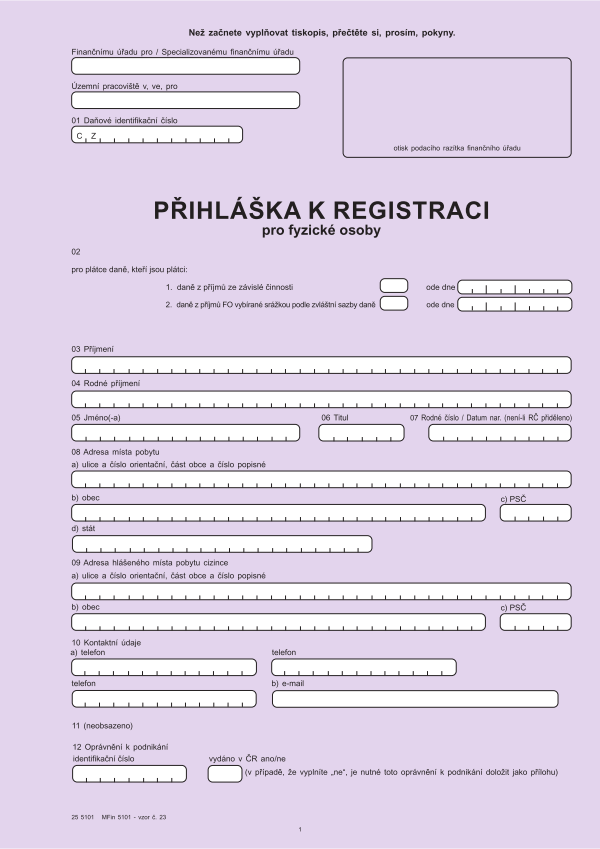 Přihláška k registraci pro FO vz. 23