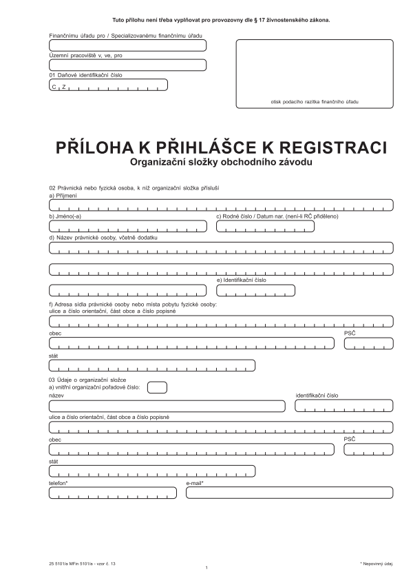 Příloha k přihlášce k registraci - organizační složky obchodního závodu vz. 13