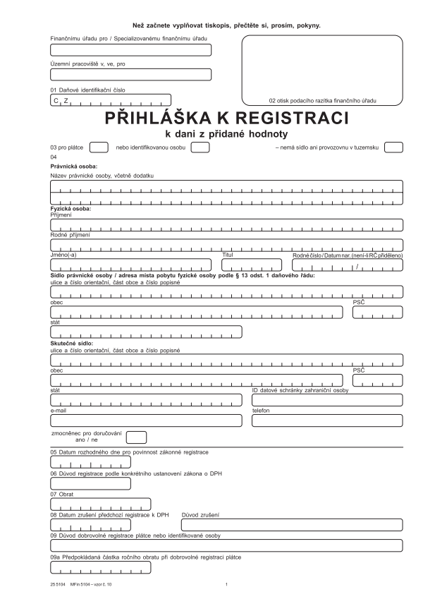 Přihláška k registraci k DPH vz. 10