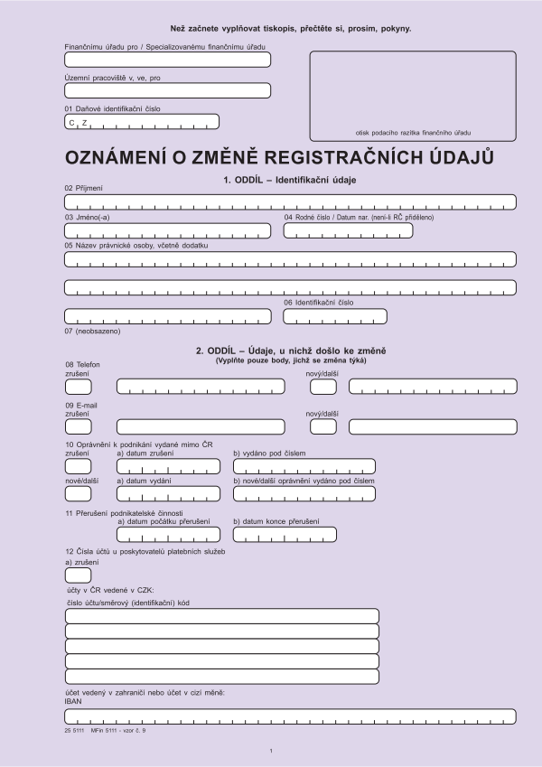 Oznámení o změně registračních údajů vz. 9