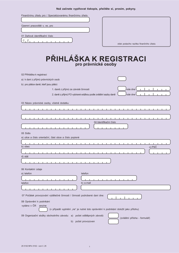 Přihláška k registraci pro PO vz. 25
