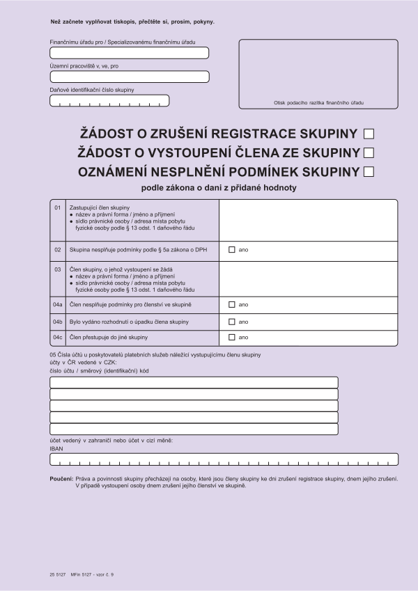 Žádost o zrušení registrace skupiny/Žádost o vystoupení člena vz.8