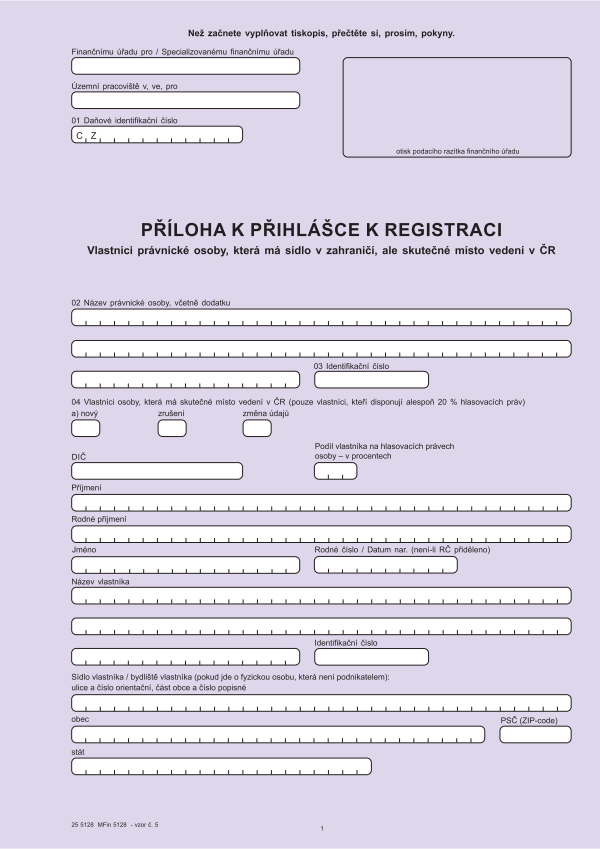 Vlastníci právnické osoby, která má skutečné místo vedení v ČR - příloha k Přihlášce k registraci pro právnické osoby vz. 5