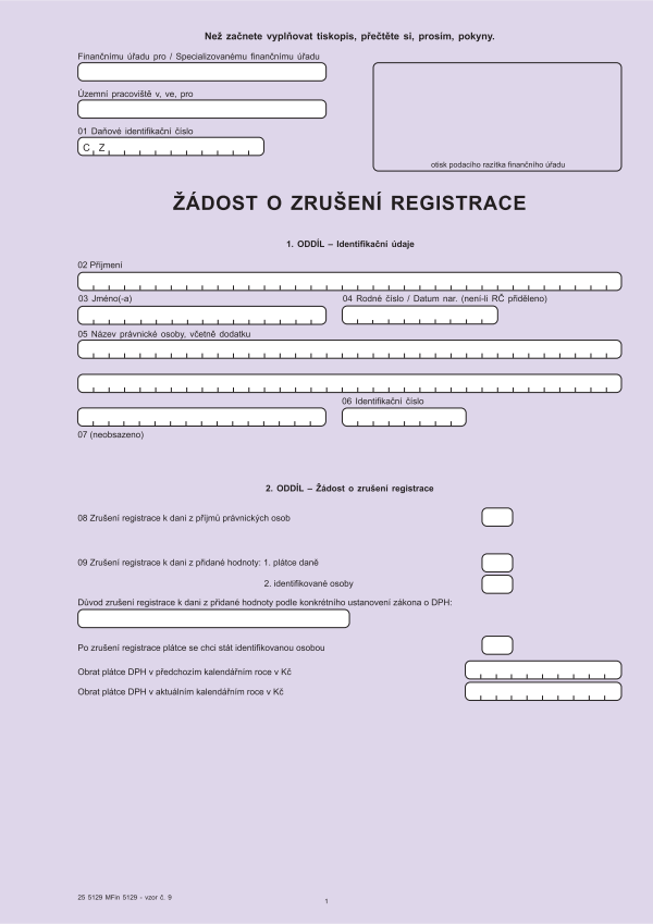 Žádost o zrušení registrace vz. 9