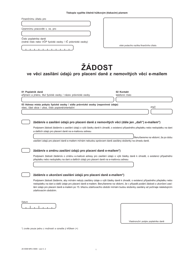 Žádost ve věci zasílání údajů pro placení daně z nemovitých věcí e-mailem vz. 2