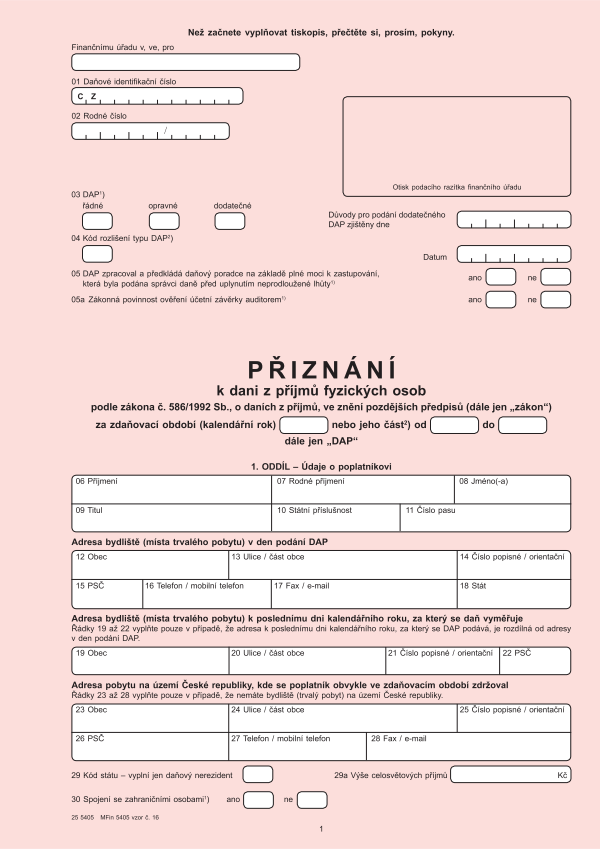 Přiznání k DPFO (dani z příjmů fyzických osob) vz. 16