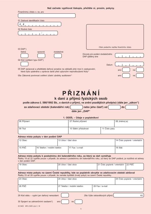 Přiznání k DPFO (dani z příjmů fyzických osob) vz. 18