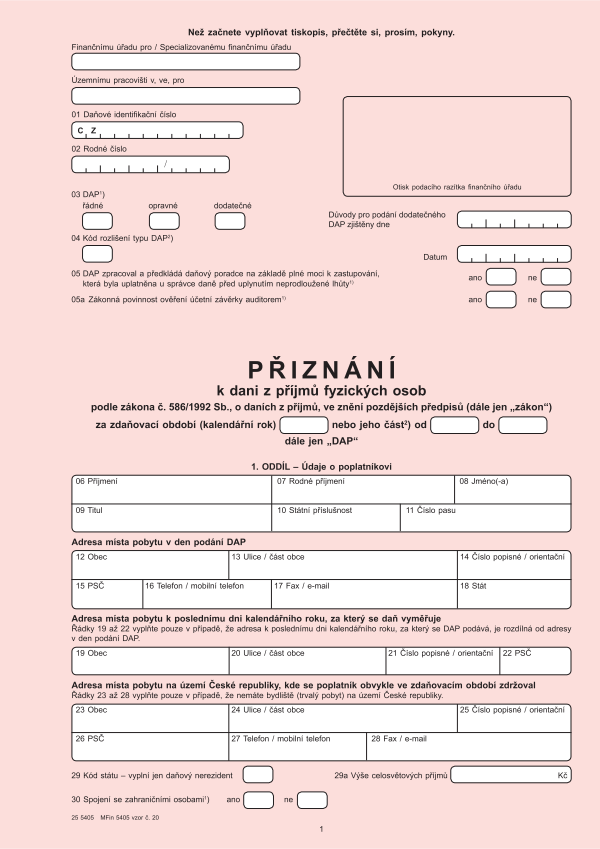 Přiznání k DPFO (dani z příjmů fyzických osob) vz. 20