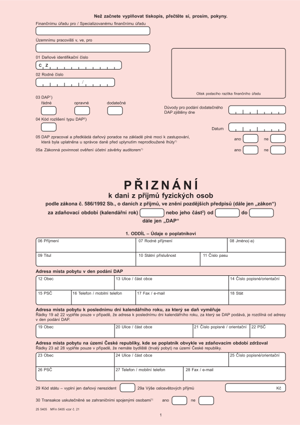 Přiznání k DPFO (dani z příjmů fyzických osob) vz. 21